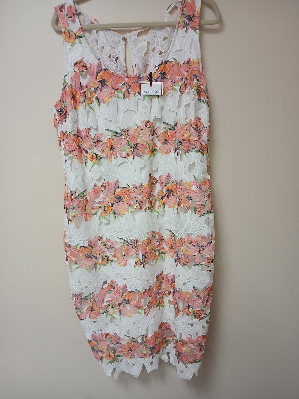 Bisou Bisou White Lace Floral Shift Dress - Peach & Green Floral